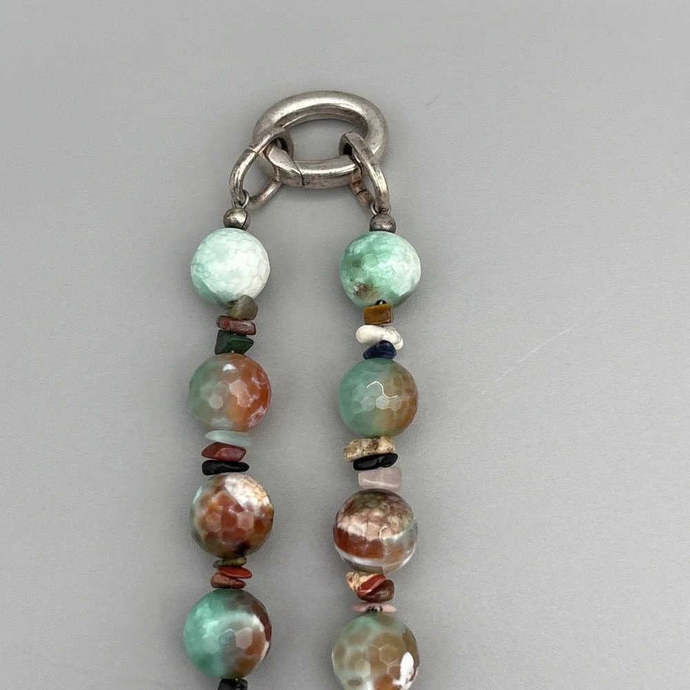 VTG Artisan Beaded Natural Gemstone Agate? Jasper? Silver Leaf Necklace GIFT 20